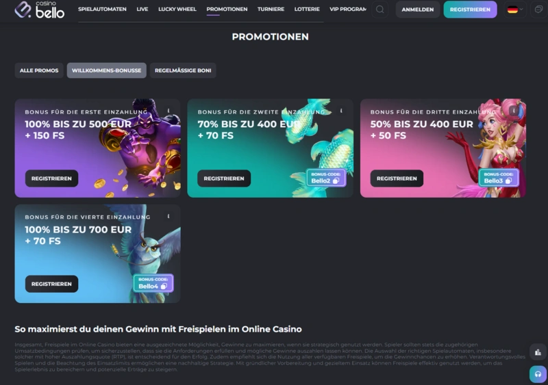 casinobello welcome bonus page